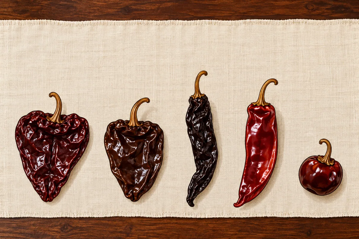 Five dried chiles in a row on linen: a wide wrinkled red-brown ancho, a brown mulato, a long black pasilla, a smooth brick-red guajillo and a small round cascabel.