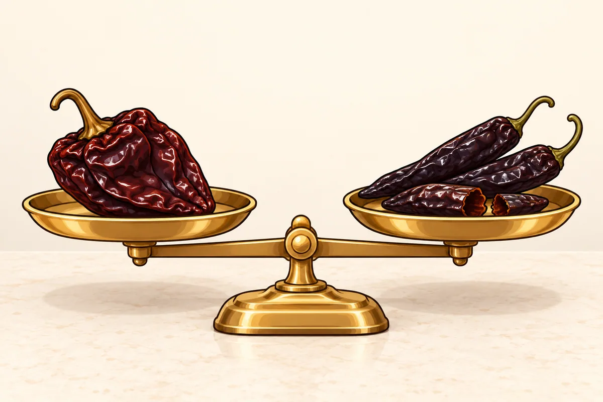 A brass two-pan balance scale held level, with one wide wrinkled dried ancho in the left pan and two whole long thin dried pasillas plus half a pasilla in the right pan.