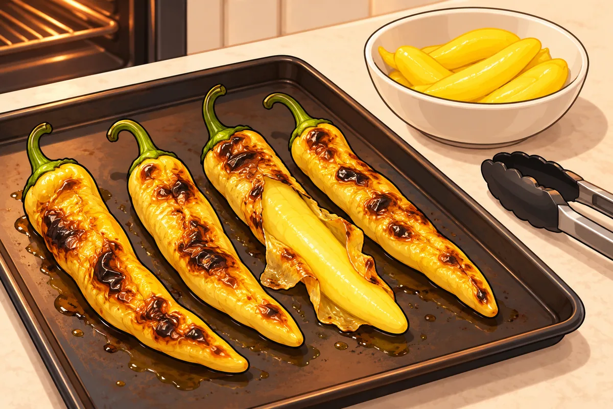 A baking sheet of pale yellow banana peppers with dark blistered skins, one half peeled, beside a bowl of peeled pods and a pair of tongs.