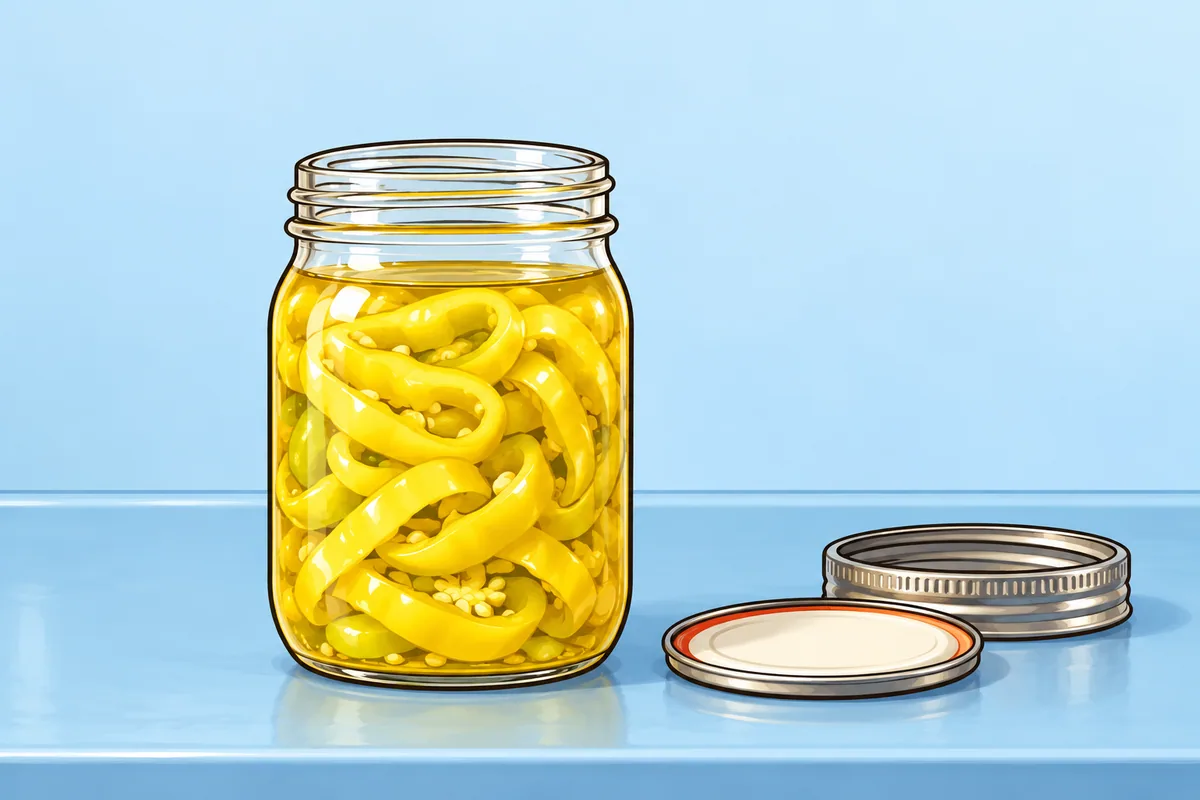 A clear pint jar packed with yellow pepper rings under clear brine, with a visible air gap between the brine and the rim, and a flat lid and screw band beside it on a blue counter.
