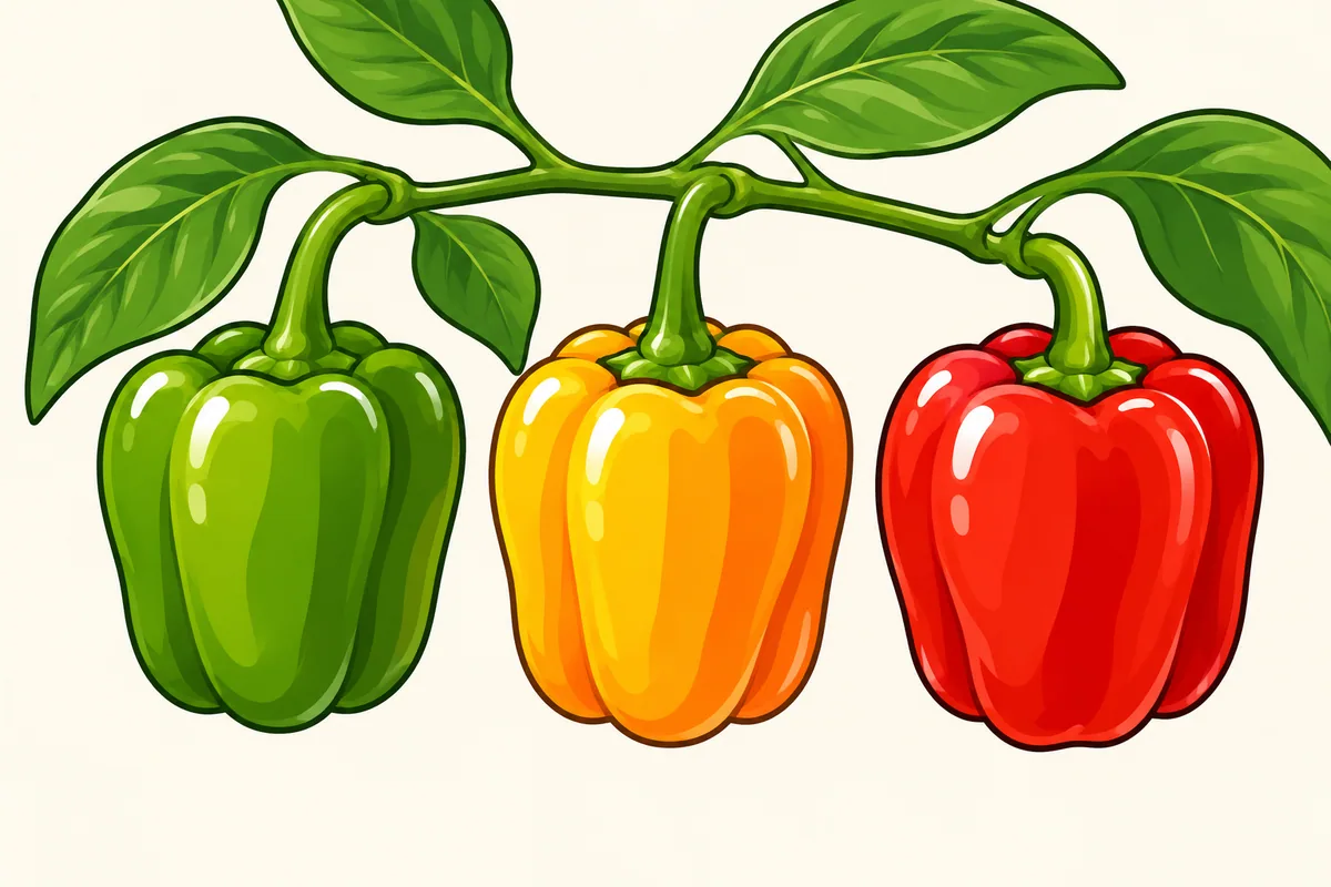 Three glossy bell peppers hanging in a row from one leafy branch: a green one, a yellow-orange one and a red one.
