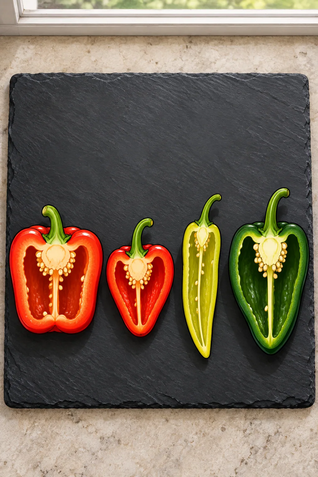 Four peppers cut in half lengthwise on a slate board: a red bell with very thick walls, a heart-shaped pimento, a thin-walled cubanelle and a dark green poblano.