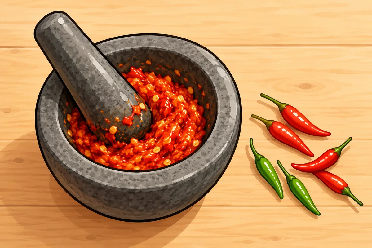 A gray stone mortar holding coarse red-orange chili paste with a pestle resting in it, beside four tiny red and two green bird's eye chilies on a wooden table.