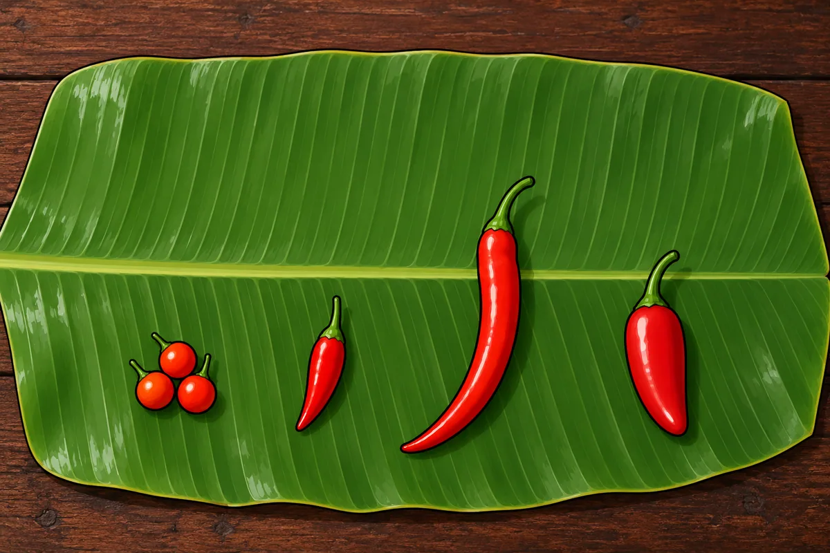 Three tiny round red chiltepins, a tiny pointed bird's eye chili, a long slim cayenne and a short plump serrano in a row on a green banana leaf.