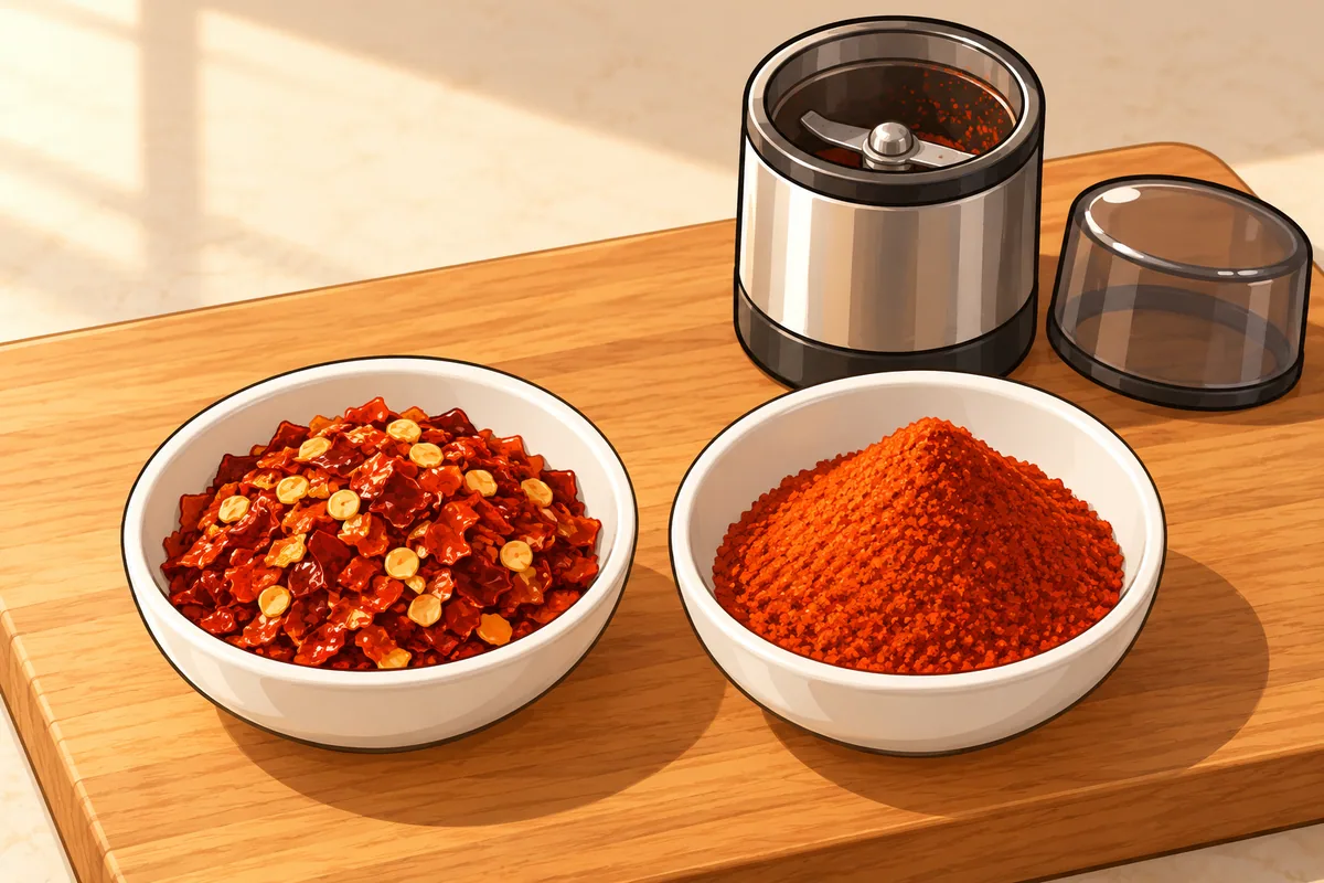 Two small white dishes side by side, one heaped with coarse red pepper flakes and seeds, the other with smooth fine orange-red powder, and a small spice grinder behind them.