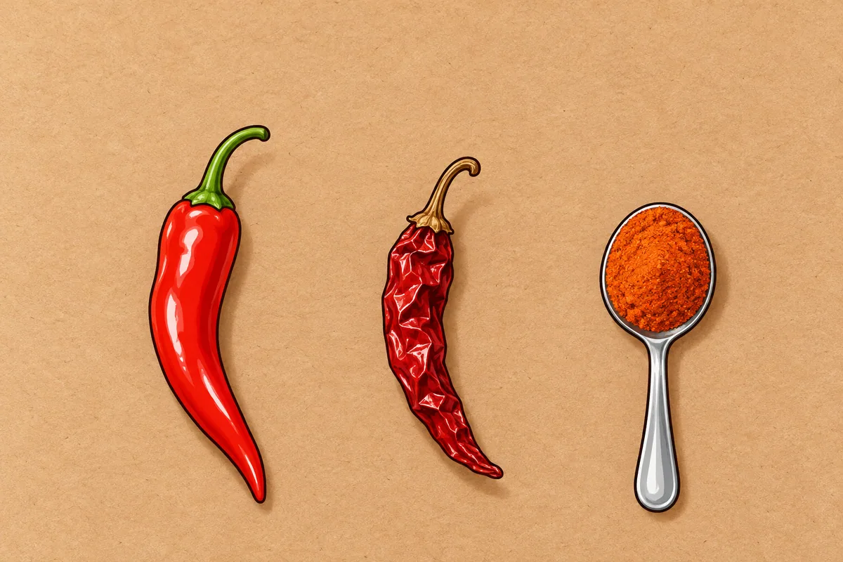 A fresh red cayenne pod, a dried shrivelled cayenne pod and a level teaspoon of orange-red cayenne powder in a row on brown kraft paper.