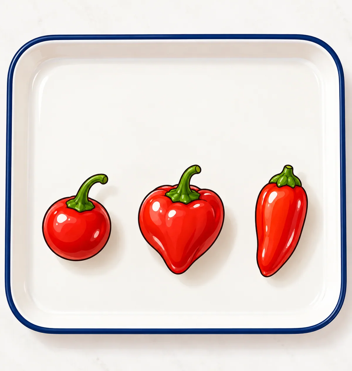 A small round red cherry pepper, a heart-shaped red pimento and a slim red sweet mini pepper in a row on a white enamel tray.