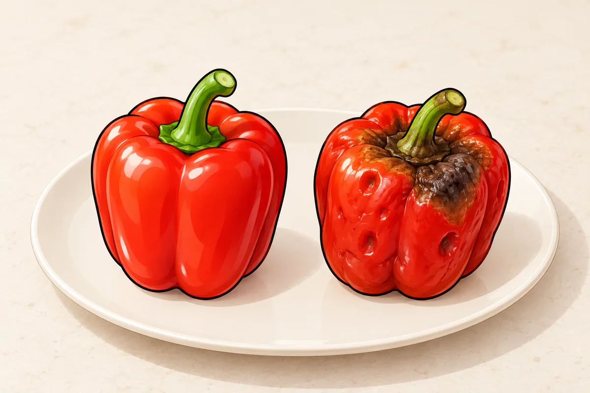 Two red bell peppers side by side: a smooth glossy firm one, and one with pitted dull skin and a dark rotting patch around the stem.