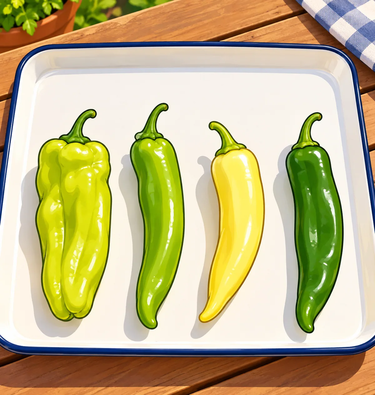 Four long pale peppers side by side on a white enamel tray: a wide wrinkled cubanelle, a slim smooth Italian frying pepper, a waxy yellow banana pepper and a flat green Anaheim.