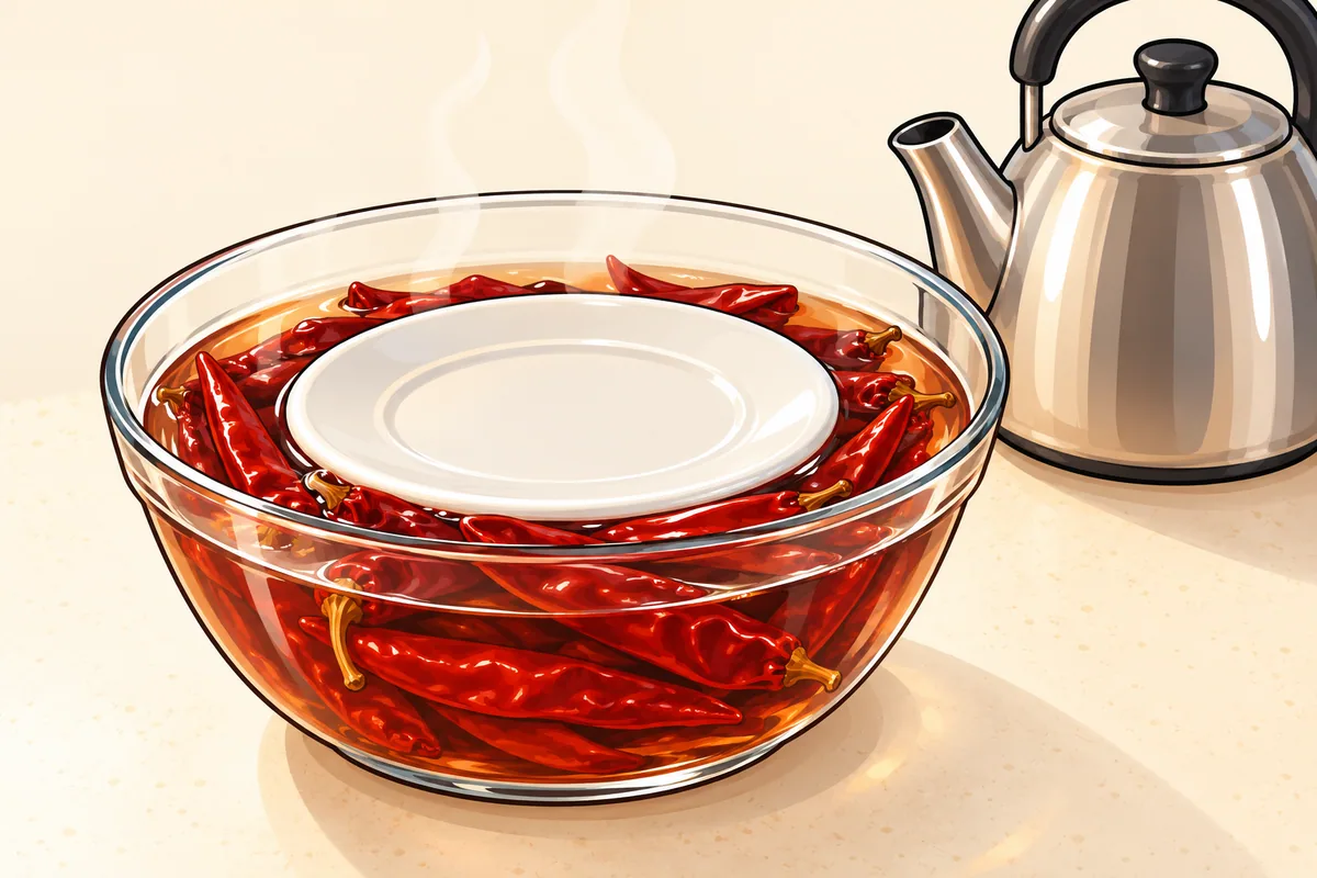A clear glass bowl of long dark red dried chile pods covered with steaming water and held under by a small white plate, with a kettle behind it.