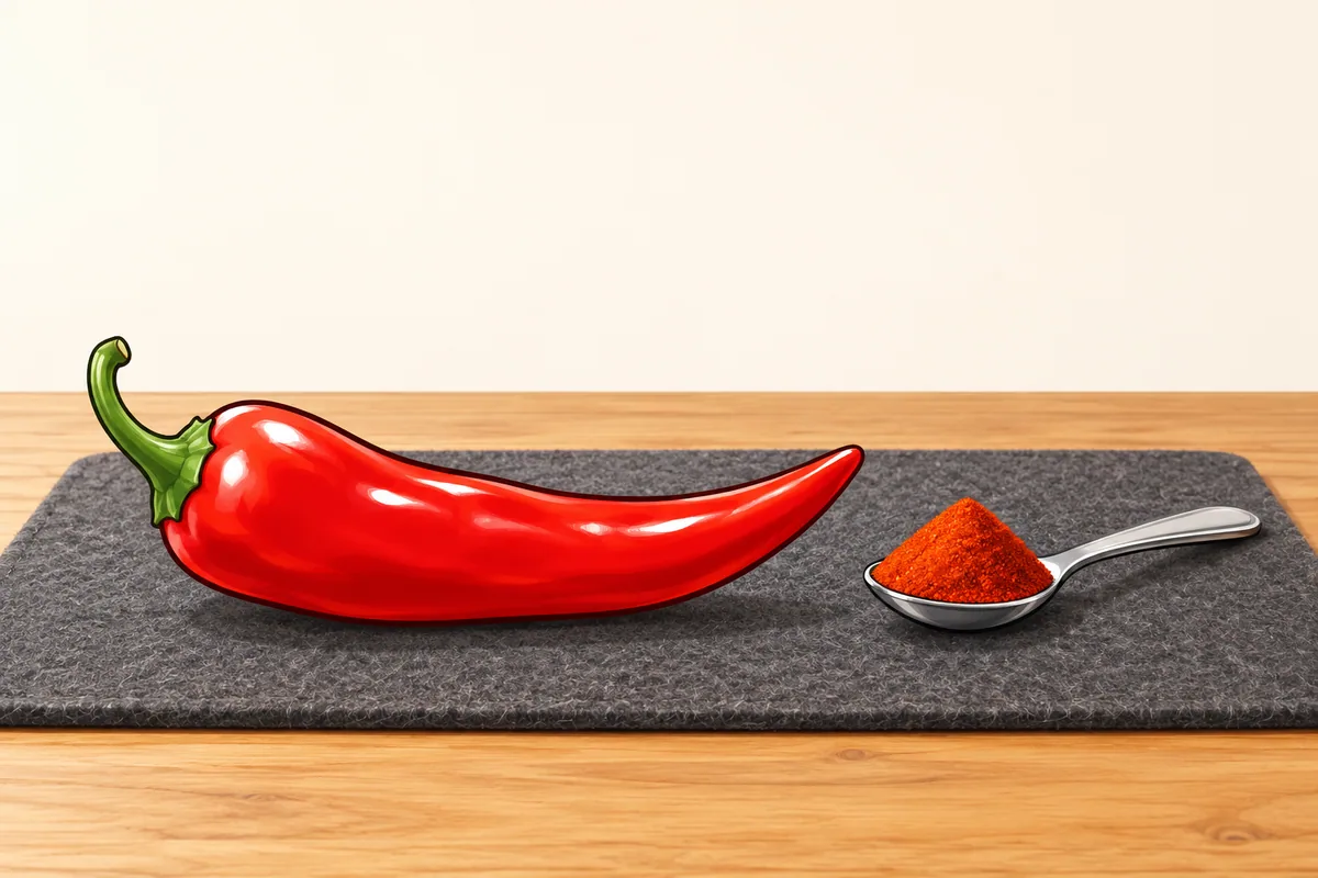 One long fresh red chile lying on a grey felt mat beside a small teaspoon heaped with red chile powder.