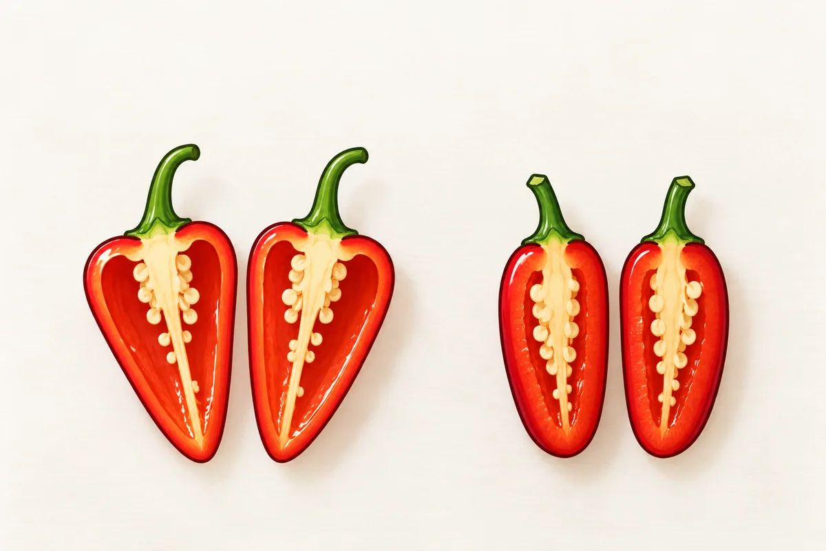 Two halved red chilies on a white board: a Fresno pair with a broad shoulder and thin walls on the left, and a blunt red jalapeño pair with thicker walls on the right.