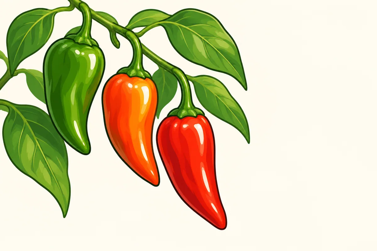 Three Fresno chiles hanging from one leafy branch, a green one, an orange one turning red and a glossy red one.