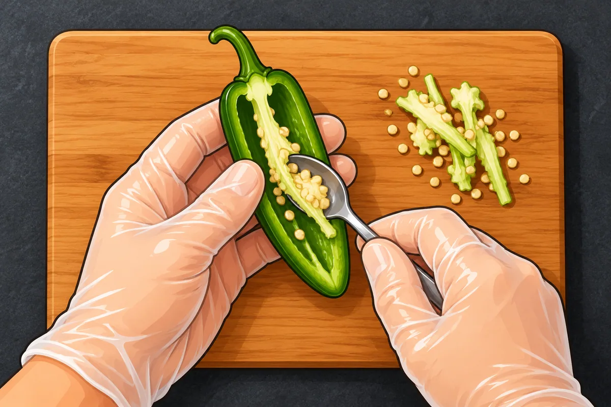 A gloved hand holding a halved green jalapeño while a teaspoon scrapes the pale ribs and seeds onto a cutting board.