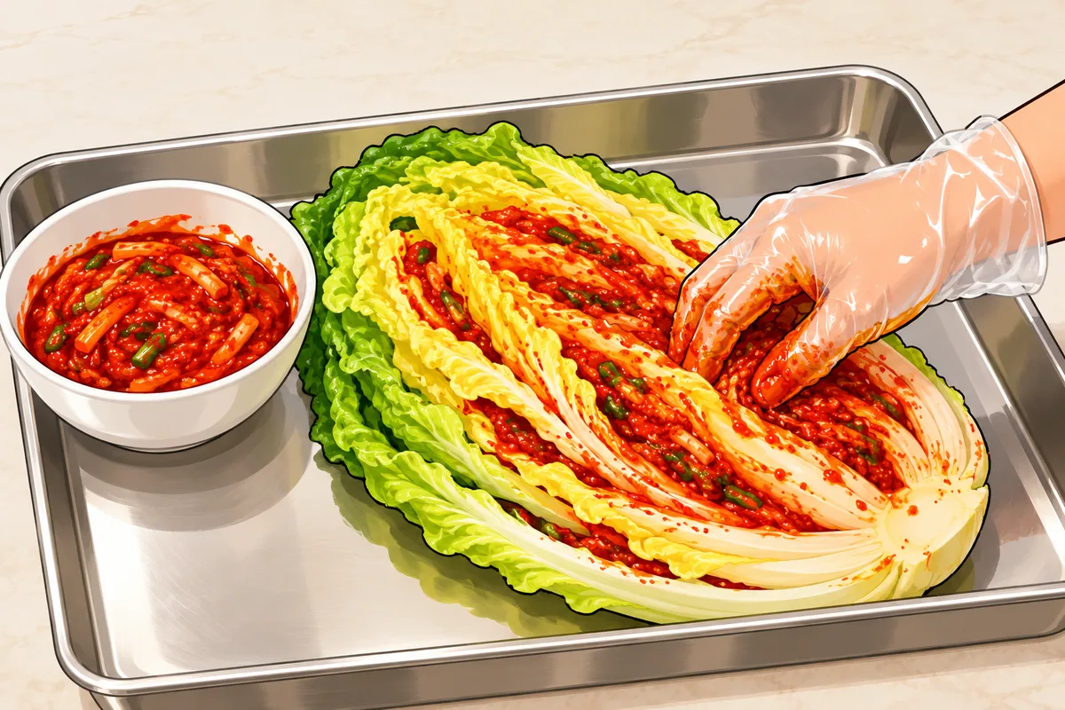 A gloved hand pressing bright red chile paste between the leaves of a halved napa cabbage on a steel tray, with a bowl of paste beside it.