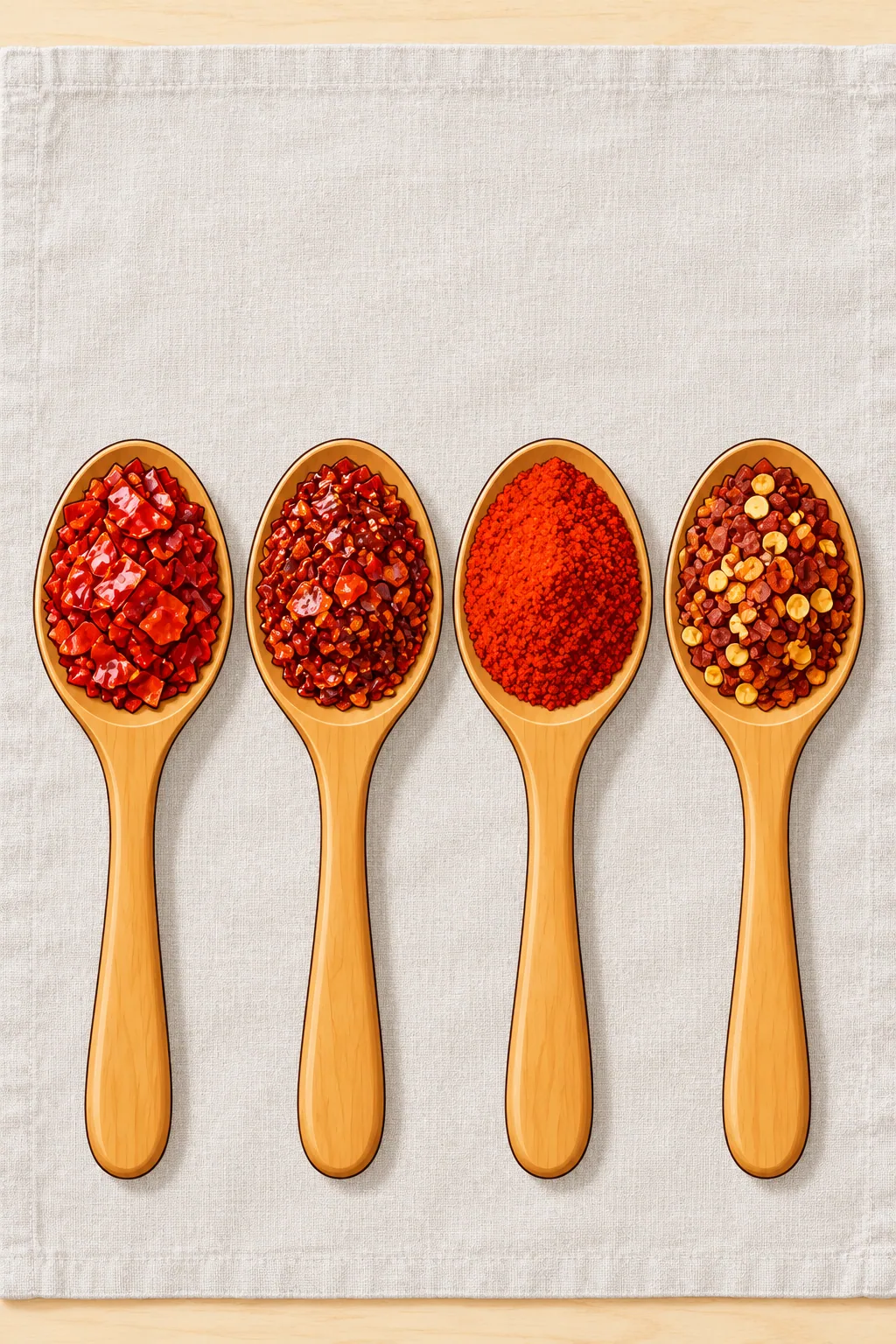 Four wooden spoons on grey linen: coarse bright red flakes, coarse oily deep red flakes, fine bright red powder, and dull red crushed flakes dotted with pale seeds.