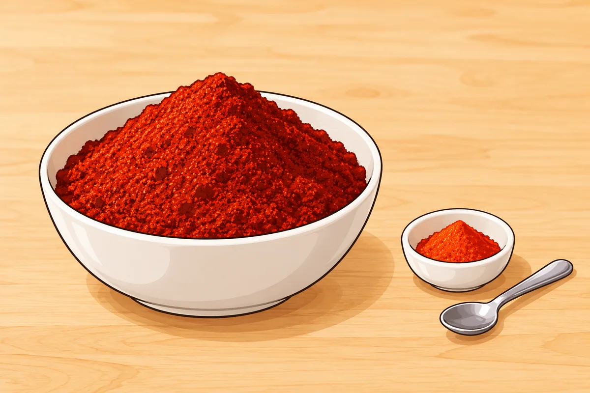 A large white bowl heaped with brick-red chile powder beside a tiny dish holding a small heap of orange-red cayenne and a spoon.