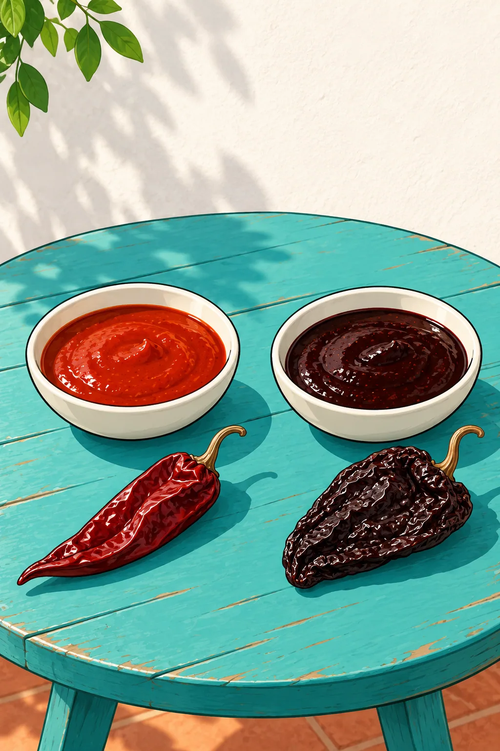 Two bowls of chile sauce on a turquoise table, one bright brick red with a smooth guajillo in front, one almost black with a wrinkled ancho in front.
