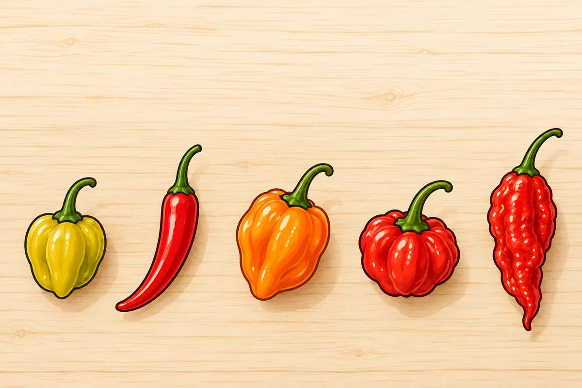 Five whole pods in a row on a pale wooden plank: a small wrinkled ají dulce, a slim red cayenne, an orange habanero, a squat red Scotch bonnet and a long wrinkled red ghost pepper.