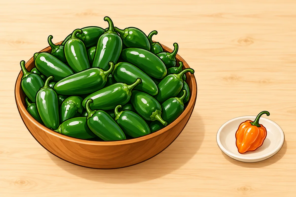 A large wooden bowl heaped with green jalapeños beside a small saucer holding one orange habanero.