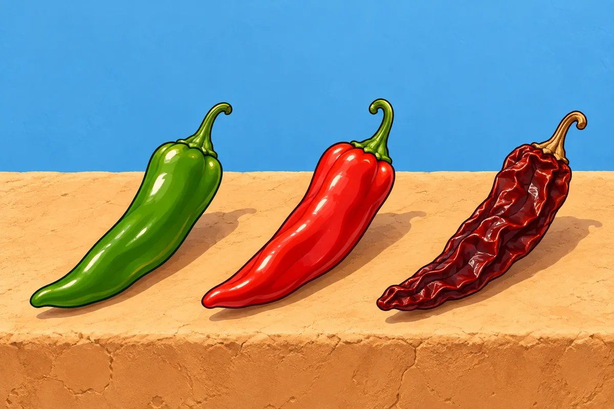 Three long slender New Mexico chiles on a tan adobe ledge against a blue wall: one glossy green, one glossy ripe red, one dried and wrinkled dark brick red.
