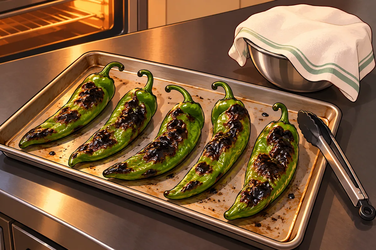 A baking sheet of long green chiles with black blistered skins beside a bowl covered with a damp white towel and a pair of tongs.
