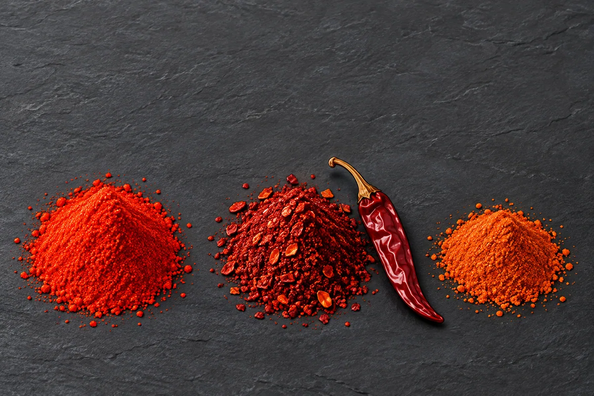 Three small heaps of red powder on dark slate: bright brick-red paprika, deep crimson ground Kashmiri chili with flakes beside a whole dried pod, and orange-red cayenne.