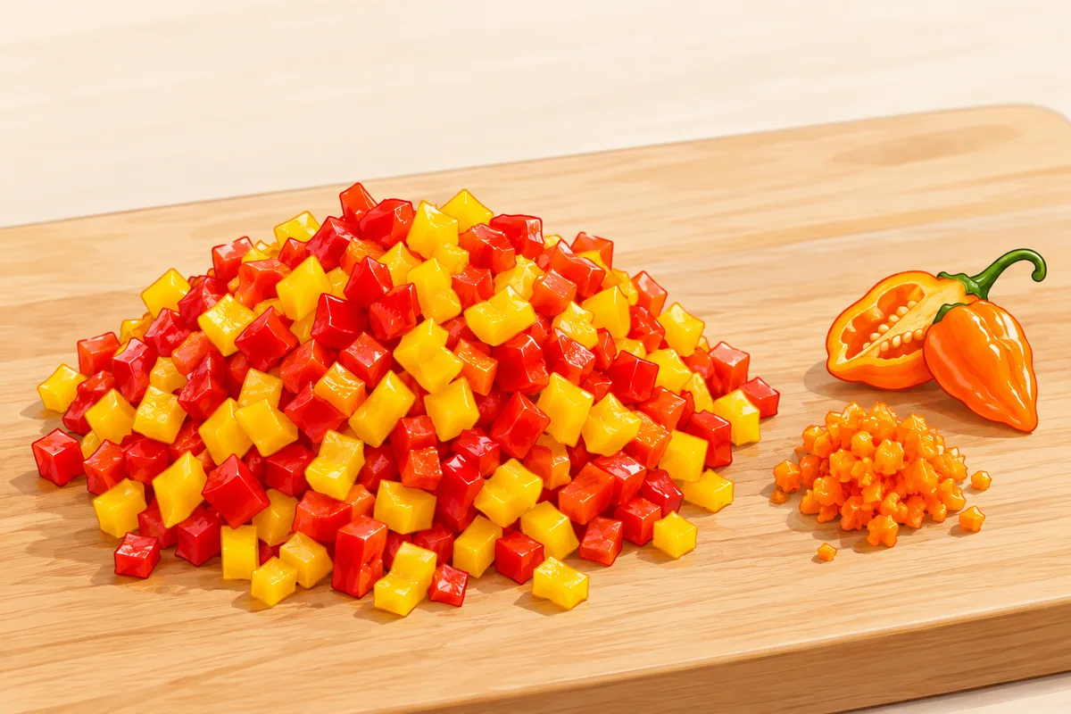 A large heap of diced yellow and red bell pepper on a wooden board beside a very small pile of finely chopped orange habanero and a halved habanero.