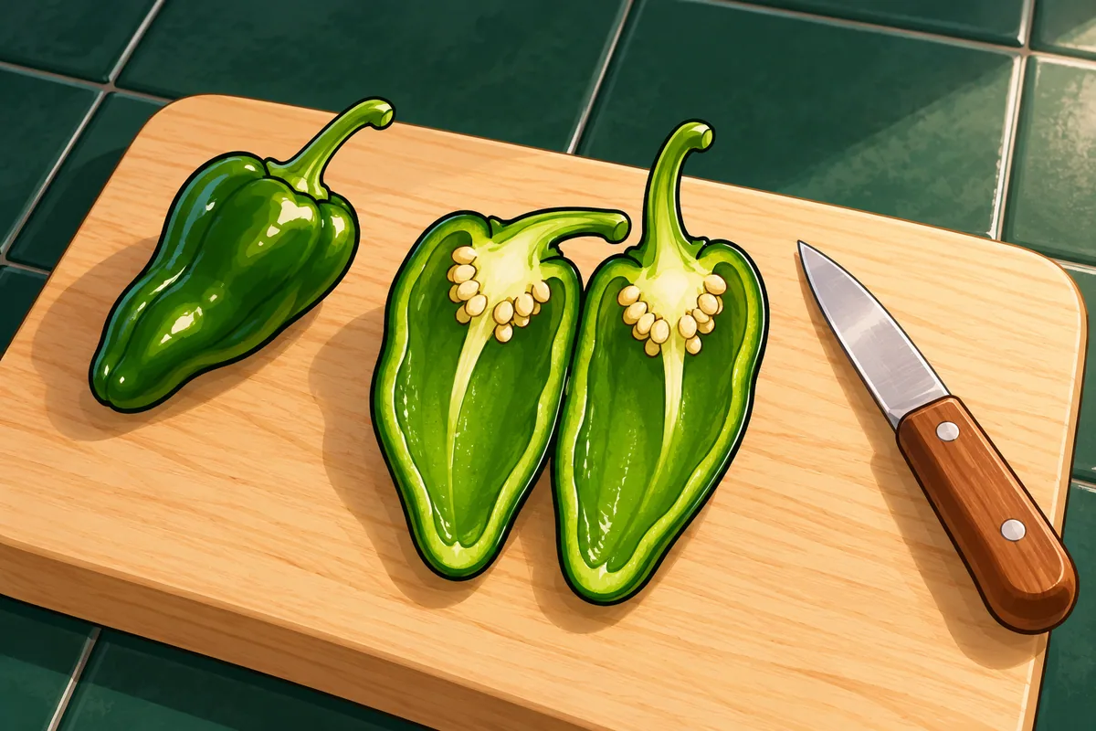 A green Padrón pepper cut in half lengthwise, with a pale rib and cream seeds at the stem end and plain thin green flesh below, beside a whole pod and a small knife.