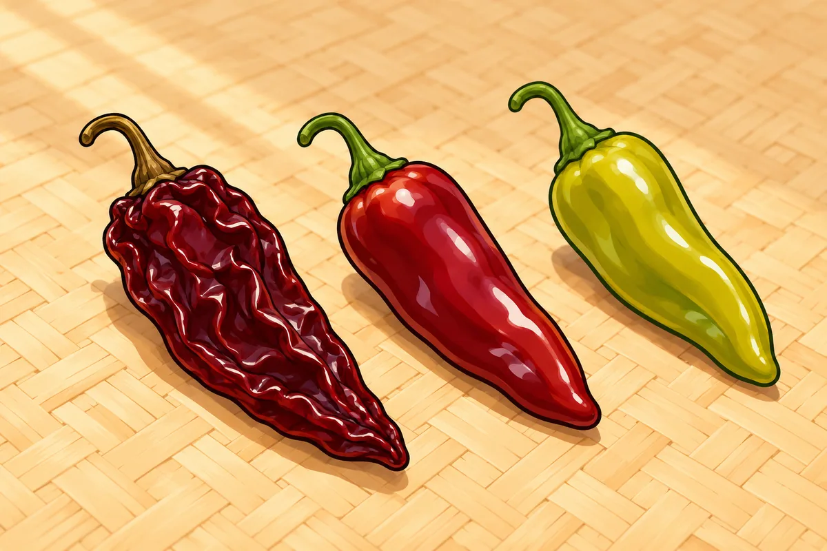 On a woven straw mat in warm sun, a wrinkled dark burgundy dried panca pod beside a smooth red-burgundy pod and a smooth yellowish-green pod of the same shape.