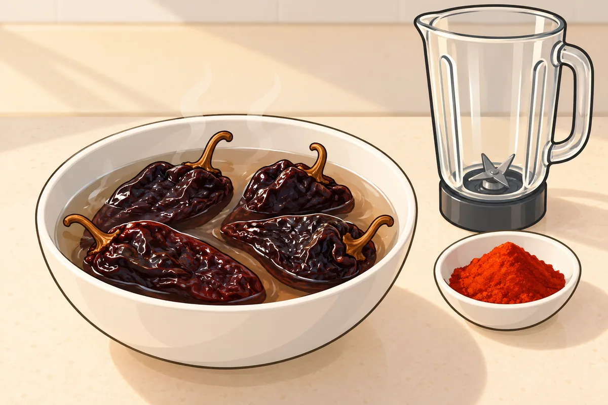 A wide white bowl of steaming hot water with four dark, wrinkled dried ancho pods soaking in it, beside a small dish of red paprika and an empty glass blender jar.