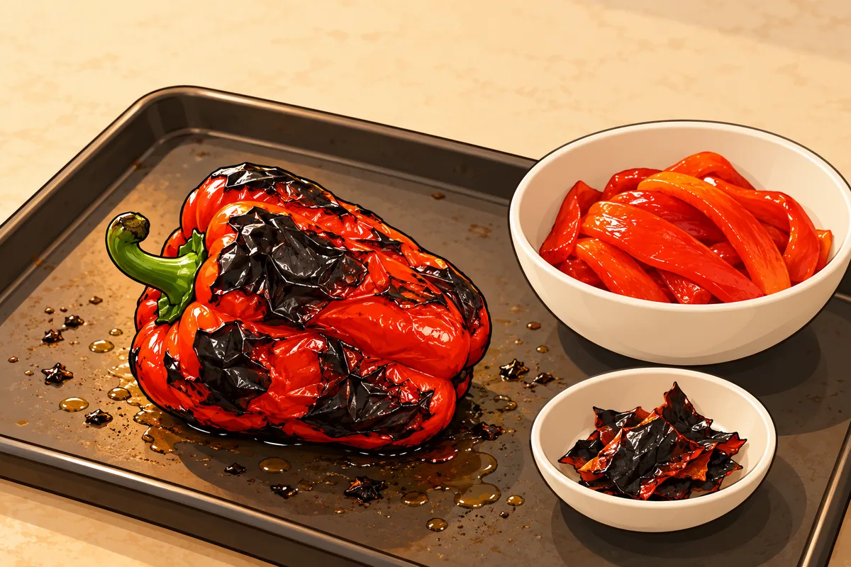 A baking sheet with one red bell pepper roasted black in patches, beside a bowl of peeled red pepper strips and a dish of black skin pieces.