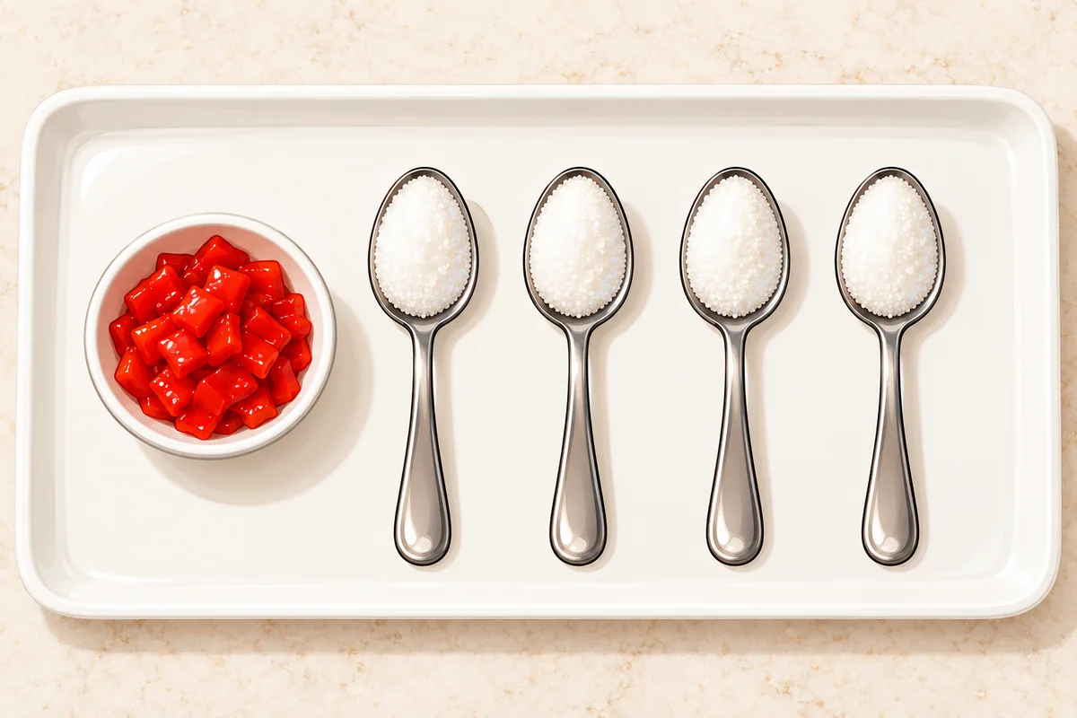 A row of four metal teaspoons each holding a level heap of white sugar, with a small bowl of red pimento pieces at the left.