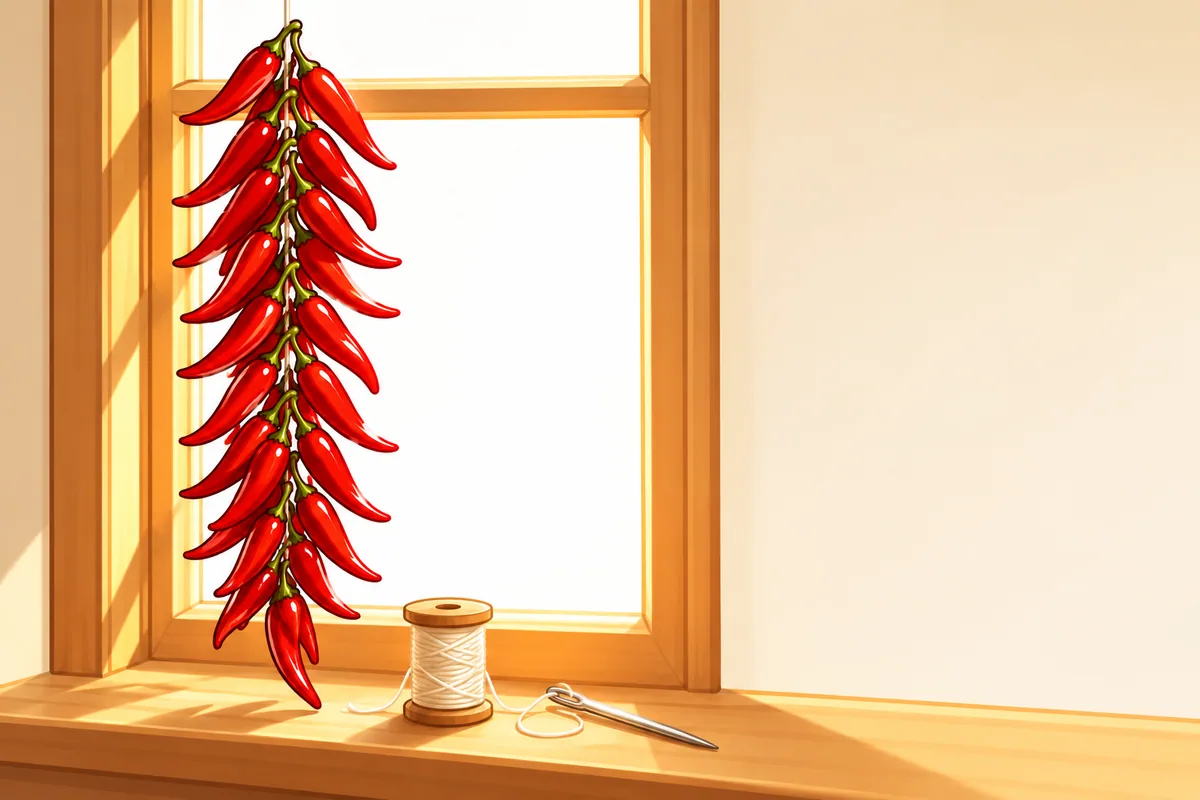 A string of small red chiles hanging in a bright kitchen window, threaded through their stems, with a needle and spool of heavy thread on the sill.