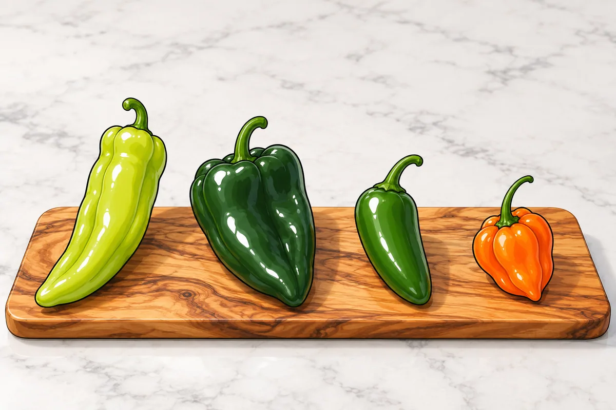 Four peppers in a row on a long wooden board: a pale green cubanelle, a dark green poblano, a glossy jalapeño and an orange habanero, from mildest to hottest.