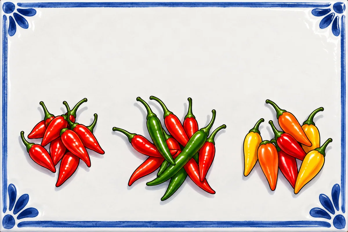Three small clusters of chilies on a white tile with a blue border: tiny pointed red piri piri, slim green and red malagueta, and small yellow, orange and red tabasco pods.