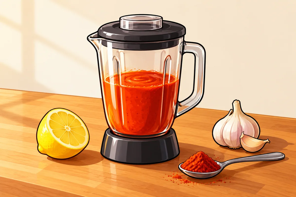 A glass blender jar half full of bright red-orange sauce beside a halved lemon, a garlic bulb and a spoon of deep red paprika.