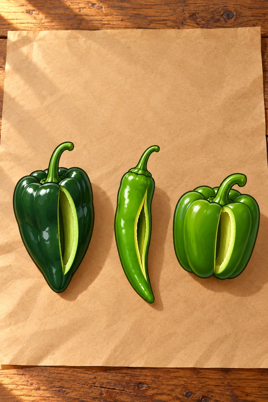 A slit dark green poblano, a long slim Anaheim and a blocky green bell on brown kraft paper, each opened to show the thickness of its wall.