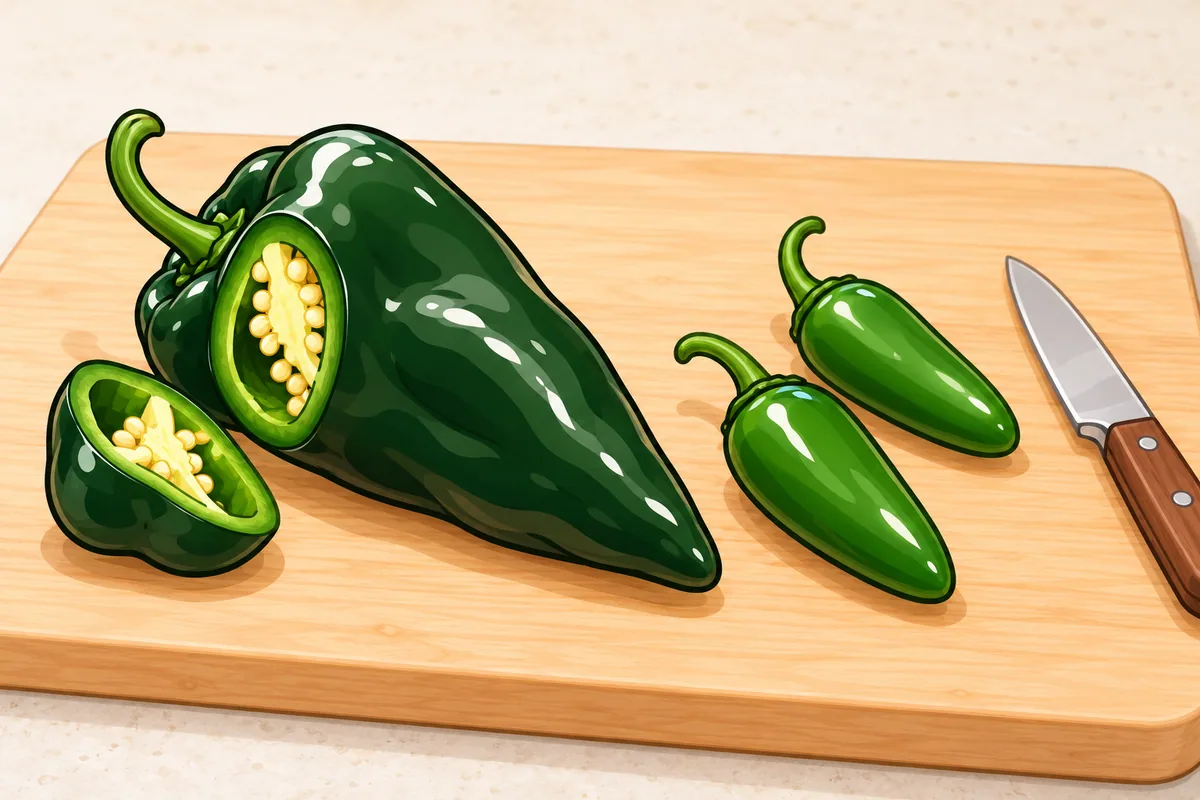 A large dark green poblano with a thick slice cut from its shoulder, beside two small jalapeños and a kitchen knife.