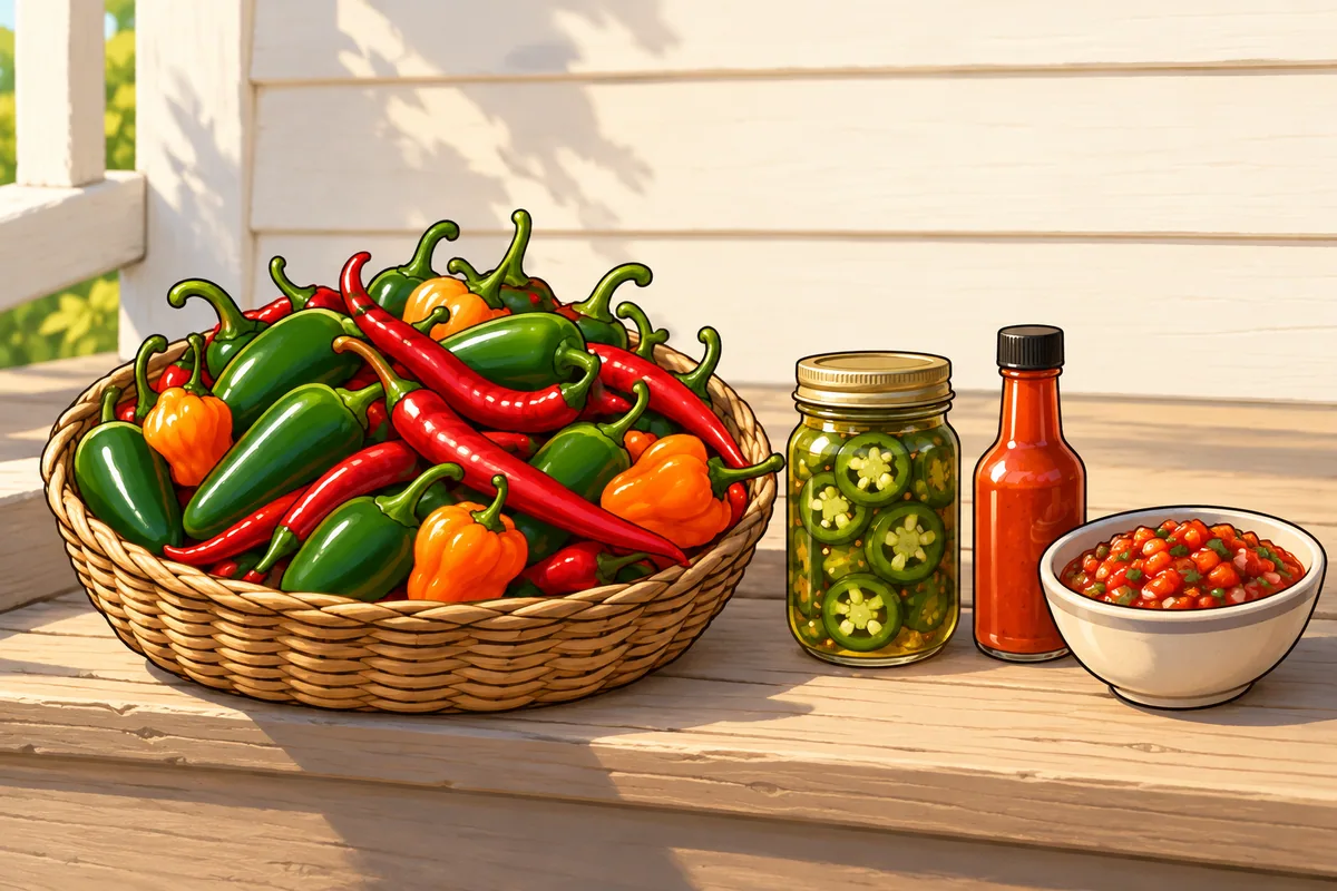 A wicker basket of green jalapeños, long red cayennes and orange habaneros on a sunny porch step, beside a jar of pickled slices, a bottle of red sauce and a bowl of salsa.
