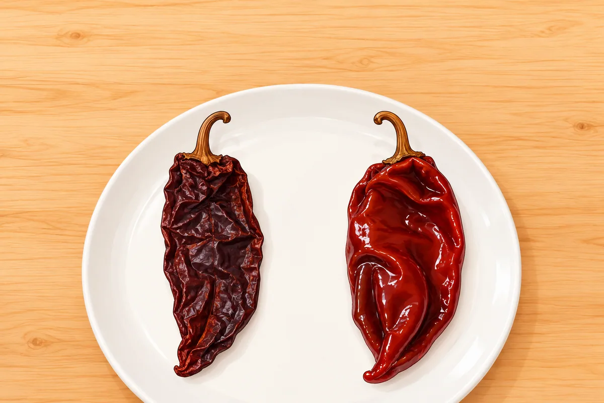 A brittle, flat, wrinkled, dull reddish-brown dried chile beside the same kind of chile after soaking, soft, plump, glossy and deep red, on a white plate.
