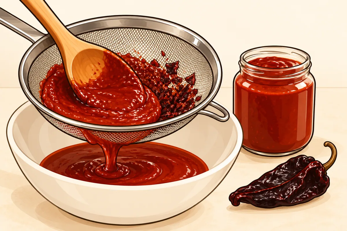 A wooden spoon pressing deep red chile purée through a metal sieve into a white bowl, with flecks of dark peel left in the mesh, a jar of purée and a dried ancho pod beside it.