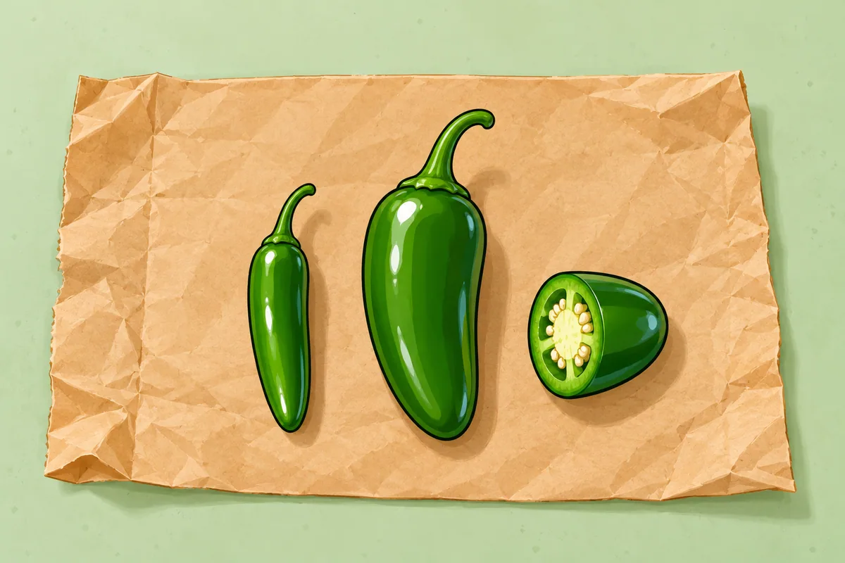 A slim green serrano lying beside a plump jalapeño about twice its length, with half of a second jalapeño next to it, on an opened brown paper bag.