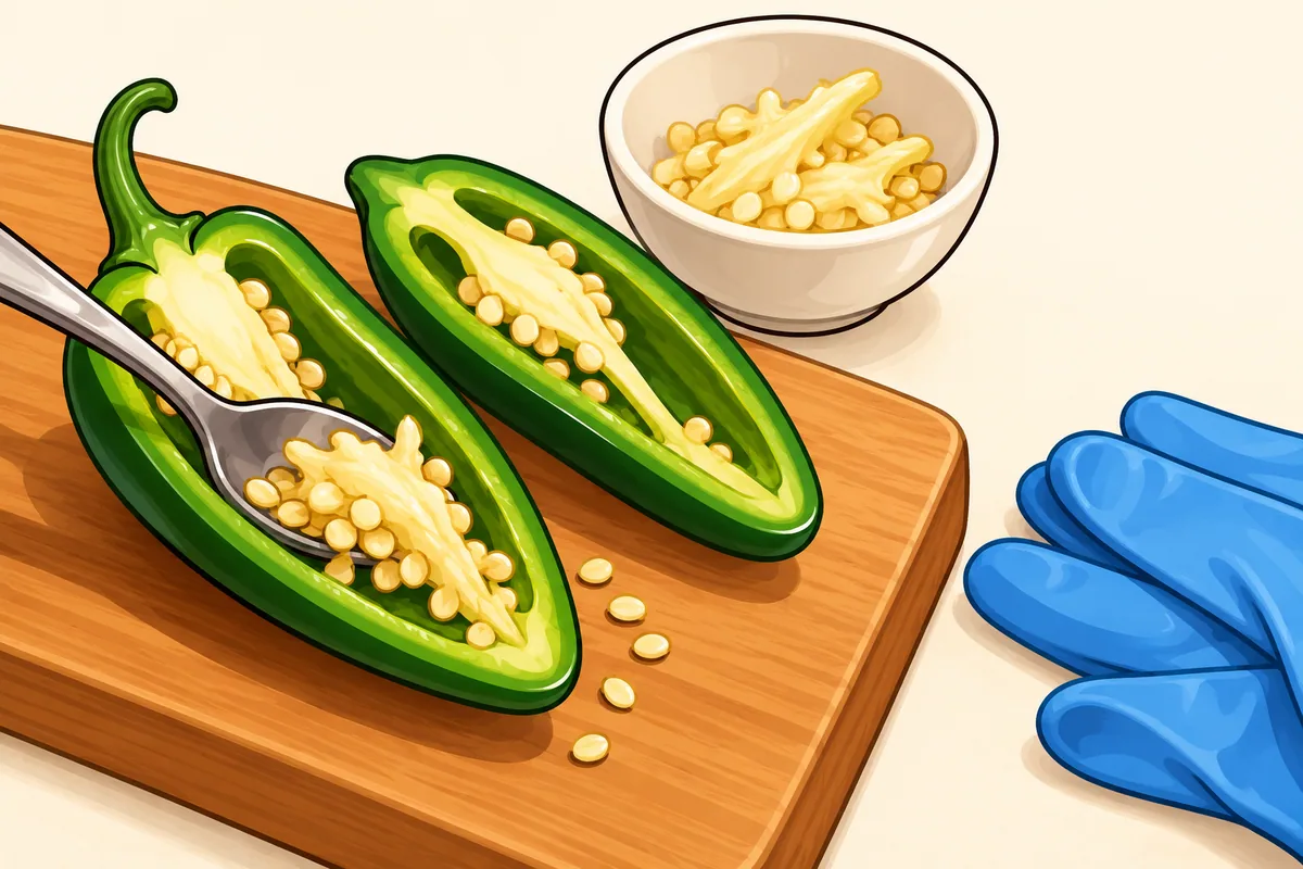 A green jalapeño cut in half with a metal spoon scraping the pale ribs and seeds into a small bowl, and a pair of blue rubber gloves at the edge of the board.
