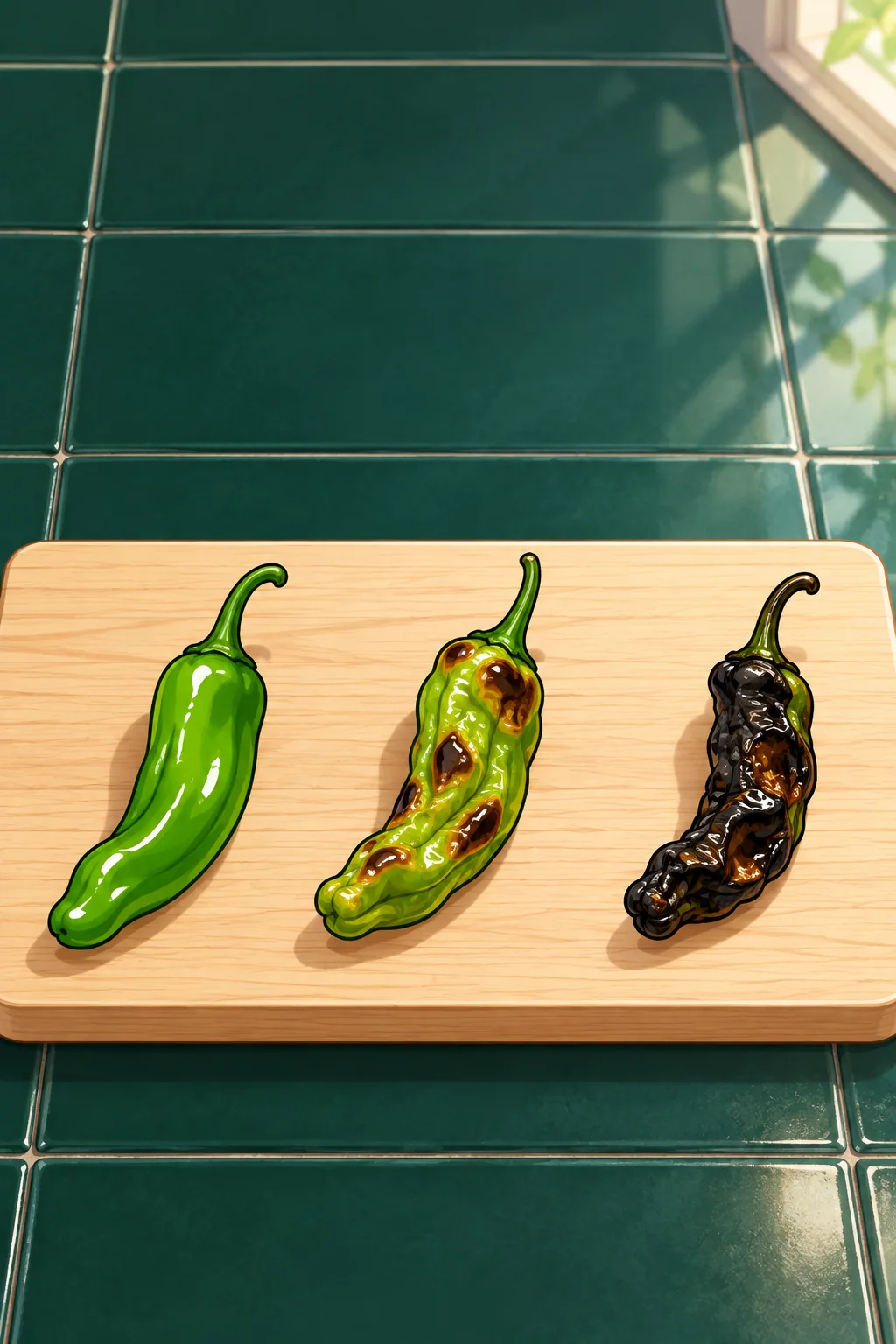 Three shishito peppers on an ash board: a raw glossy green one, a blistered one with dark brown spots that is still green, and a collapsed one charred black.