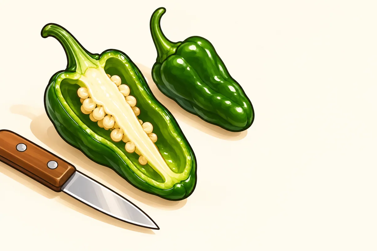 A green Padrón pepper sliced open to show the thin green wall around a thick pale core with seeds, beside a whole Padrón and a small knife.