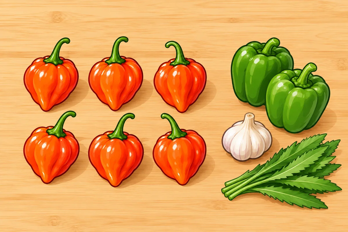 Six small wrinkled orange-red ají dulce pods in two rows of three, beside two green bell peppers, a head of garlic and a bunch of culantro on a wooden board.
