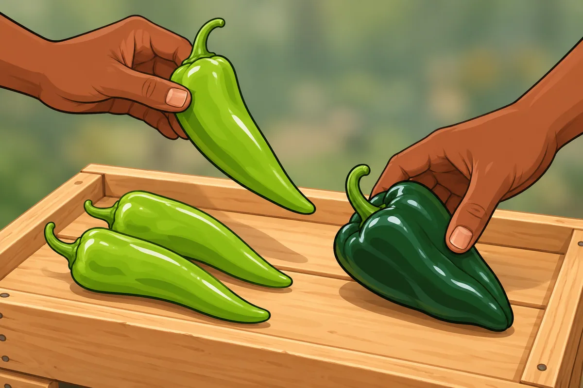 A grocery produce shelf seen from below, with bins of green jalapeños, poblanos, long green chiles and small red Thai chiles, a hand reaching for one bin.