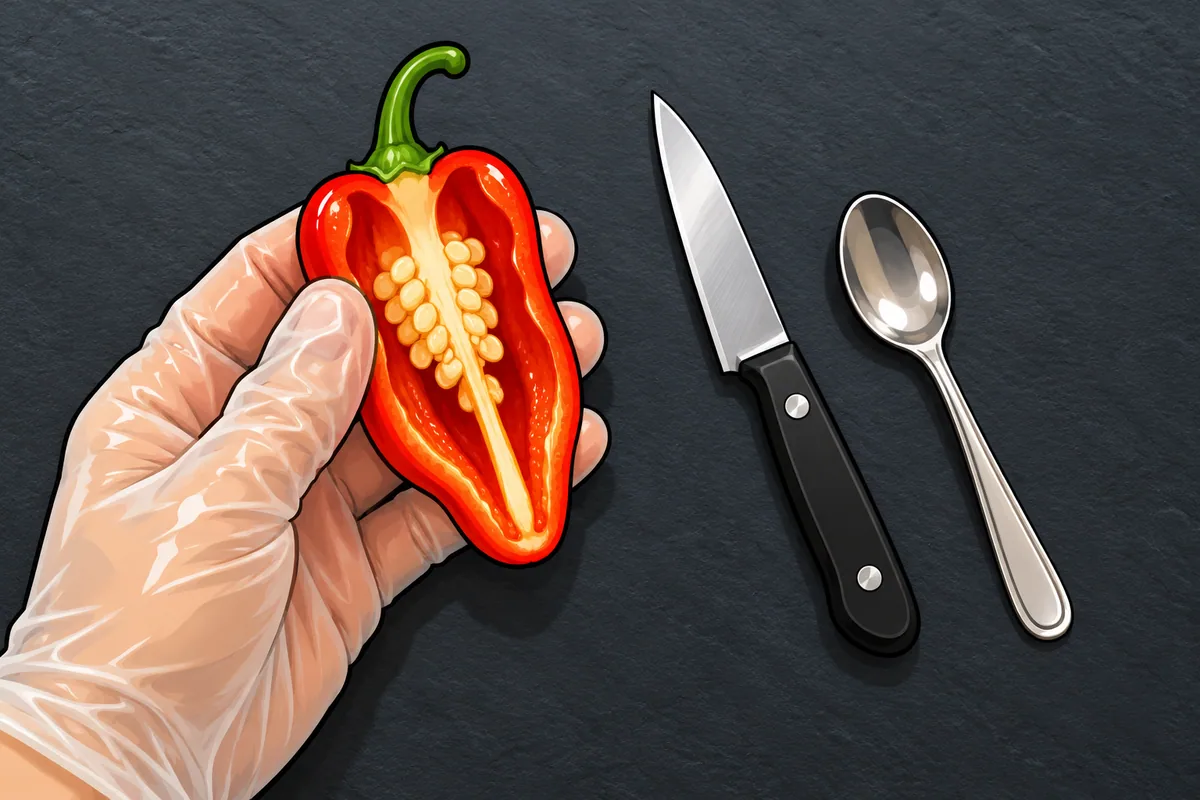 A cutting board with halved red and green chiles, a spoon scraping out pale ribs, a pair of thin gloves, a freezer bag and a jar of pickled peppers nearby.