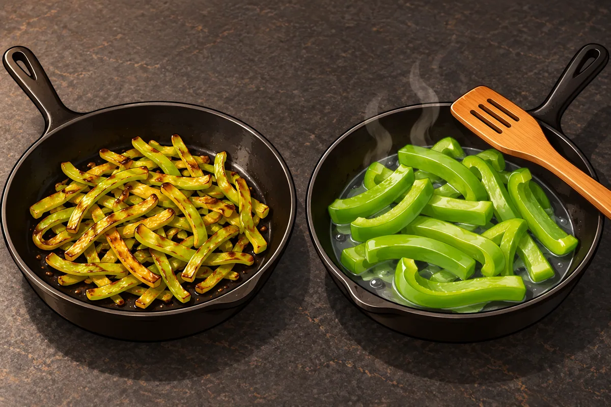 Two black skillets side by side: on the left thin pale green cubanelle strips with browned edges, on the right thick bell pepper strips sitting in a puddle of water.